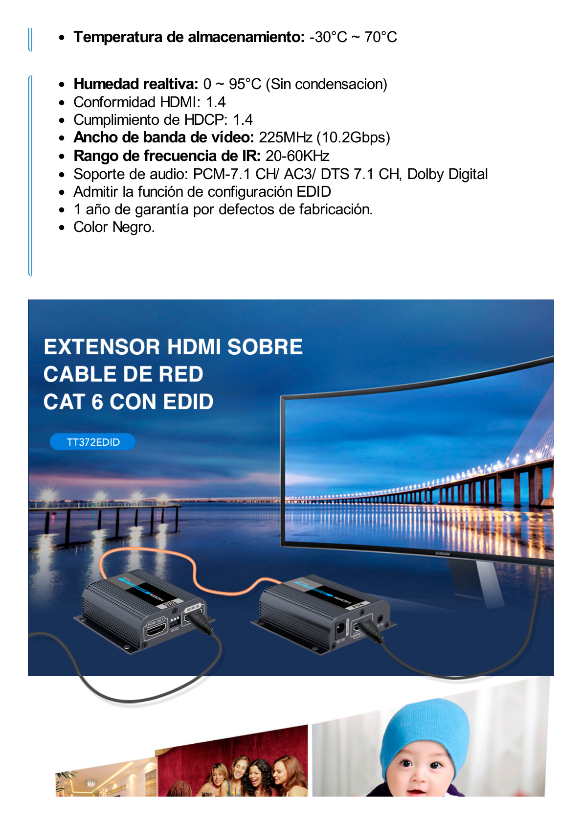 Kit Extensor HDMI para distancias de 50 metros / Soporta resoluciones 4K / Cat 6, 6a y 7 / Salida Loop en el Tx para visualización local /  Configuración EDID / Soporta control remoto del equipo fuente / Alimente solo el Tx