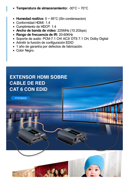 Kit Extensor HDMI para distancias de 50 metros / Soporta resoluciones 4K / Cat 6, 6a y 7 / Salida Loop en el Tx para visualización local /  Configuración EDID / Soporta control remoto del equipo fuente / Alimente solo el Tx