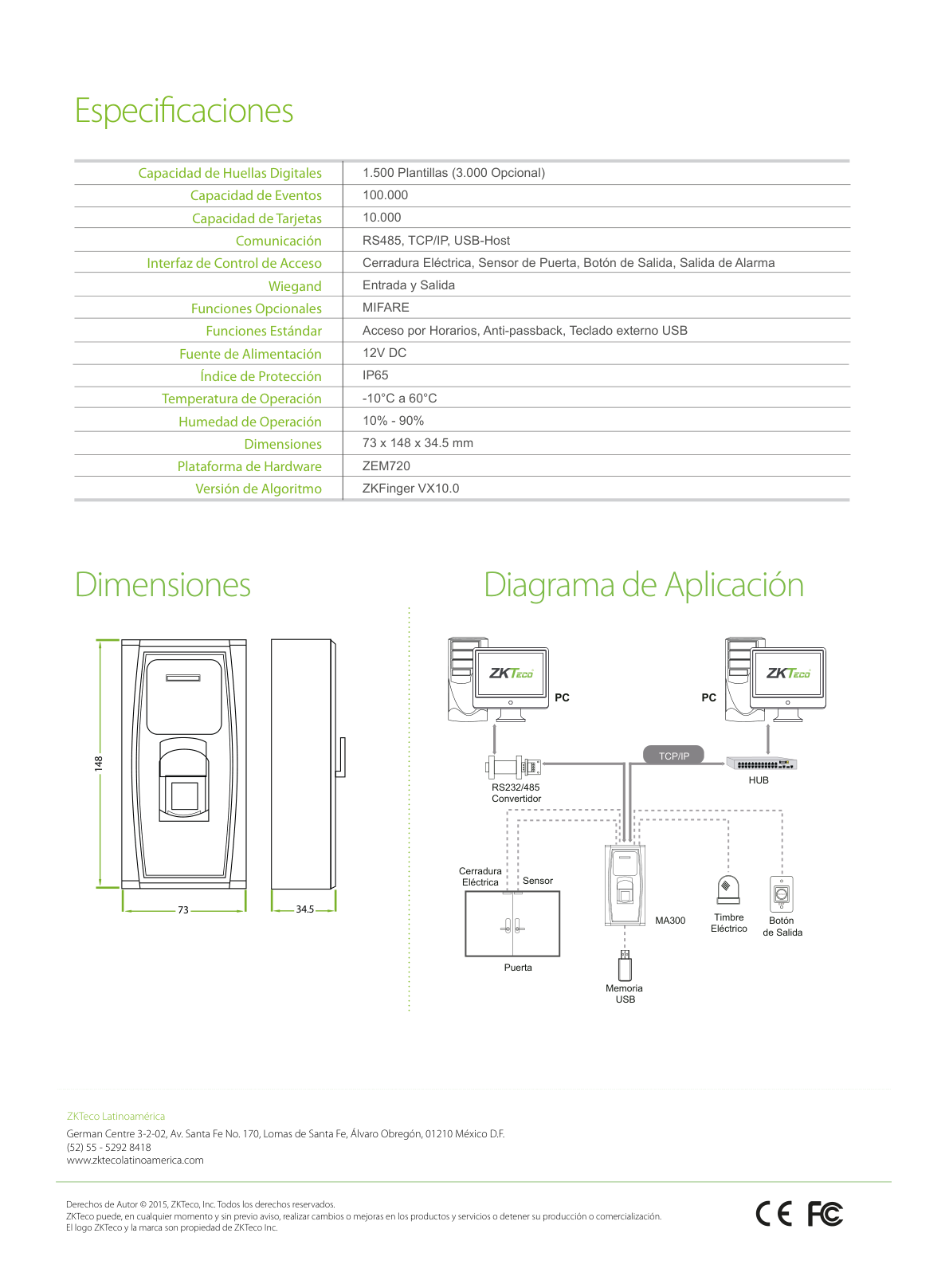 Control de acceso Zkteco MA300 - Lector biometrico con apertura de Puerta  / 1500 Huellas / 10000 Tarjetas ID / 100000 Registros