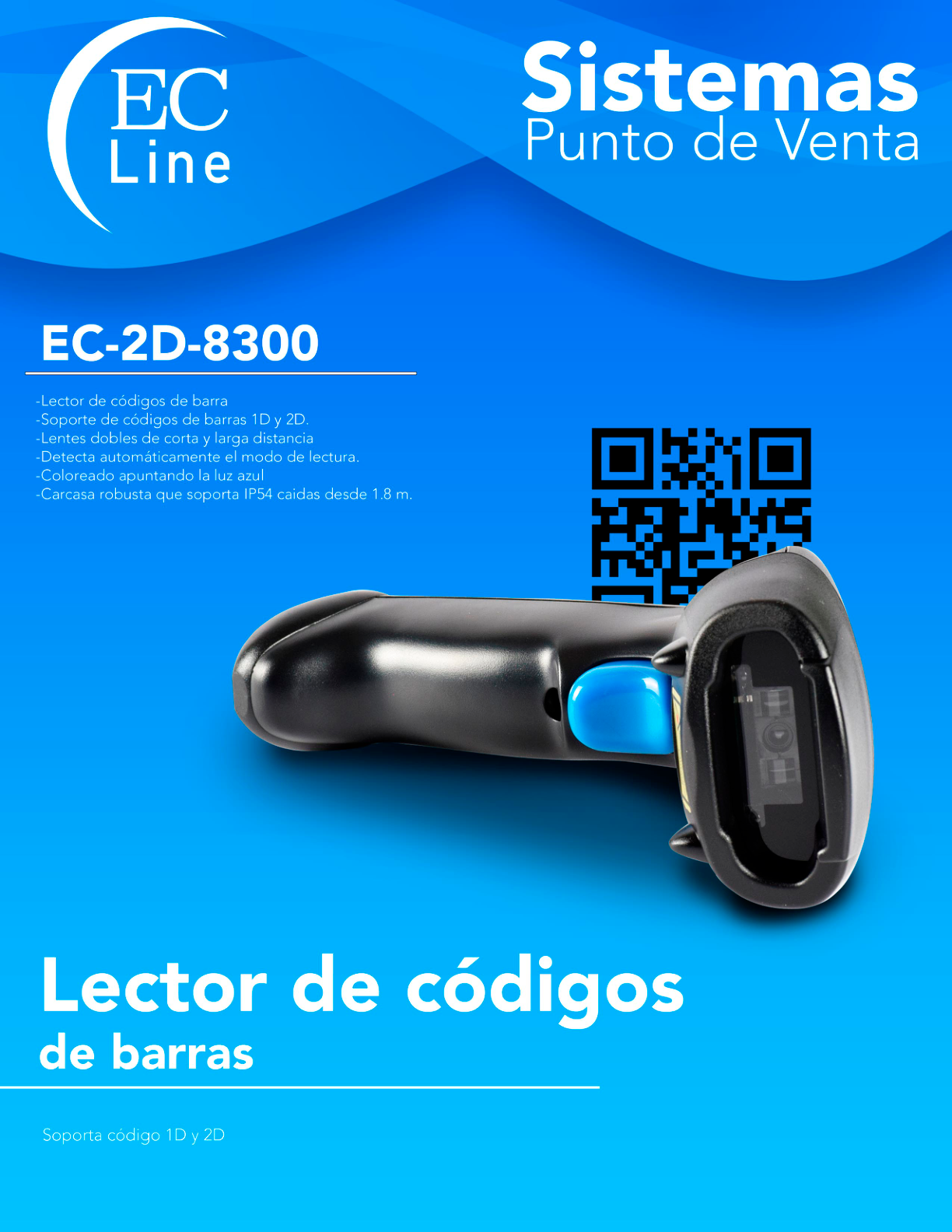 LECTOR DE CODIGO DE BARRAS EC LINE 8300  1D  2D  Y PDF417  40 LECTURAS  USB INCLUYE CABLE USB  SIN BASE