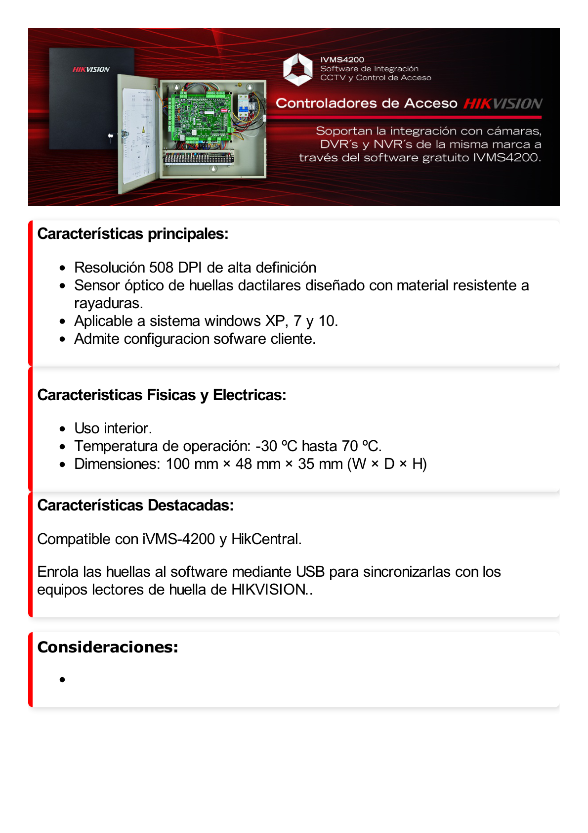 Enrolador USB de Huellas para iVMS-4200 y HikCentral / Facilita el Alta de Huellas al Software / Conexión USB / SDK GRATUITO para desarrollos propios