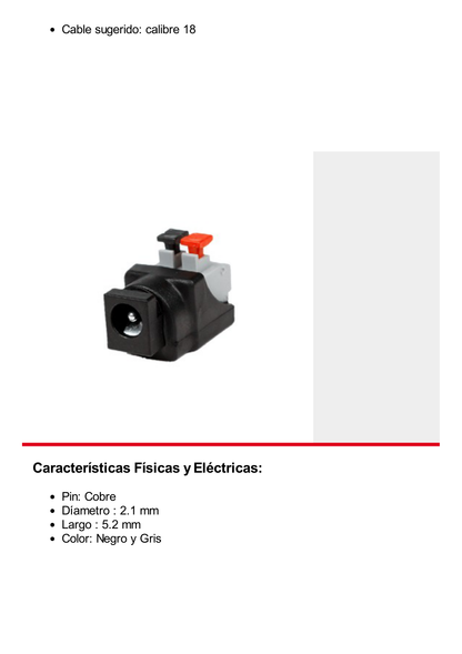 Adaptador tipo Jack de 3.5 mm Hembra Polarizado de 12 Vcc con Terminales de Presión