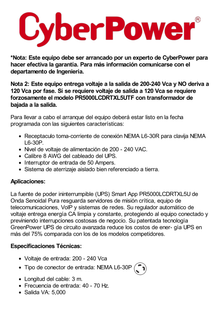 UPS de 5000 VA/4500 W, Topología Línea Interactiva, 200 - 240 Vca de Entrada, 208 Vca de Salida, Onda Senoidal Pura, Torre o Rack 5 UR, Con 3 Tomas NEMA L6-30R y 2 NEMA L6-20R