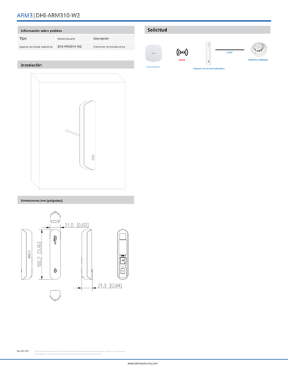 Expansor Dahua DHI-ARM310-W2 zona inalambrica para conectar un dispositivo alarma bateria baja salto de frecuencia