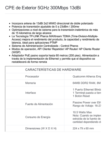 CPE de Exterior de 5 GHz a 300Mbps, Antena direccional de 13dBi, potencia de 27 dBm