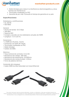 CABLE MANHATTAN HDMI 1.4 M-M 4K 7.5M ETHERNET