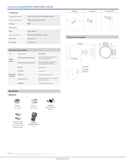 Camara Dahua DH-IPC-HFW1239S1-A-LED-S5 bullet full color 2 mpx lente 2.8 mm 102 gds microfono 15 m de luz visible PoE IP67