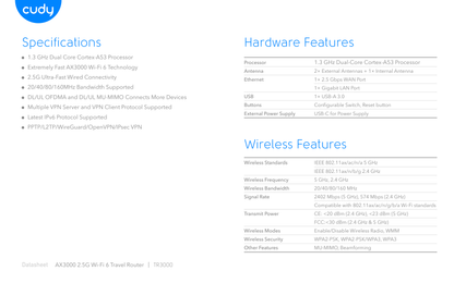 Router Wi-Fi 6 portátil para viaje Cudy TR3000 AX3000 multi-modo AP/WISP/RE 1xWAN 2.5Gbps y 1xLAN gigabit 2 antenas externas 1xUSB3.0