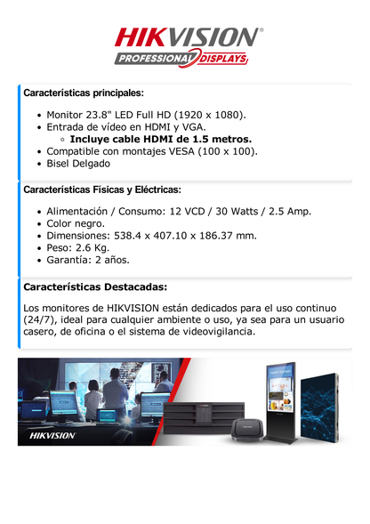 Monitor VA LED Full HD (1920 X 1080) de 23.8" / Ideal para CCTV, Oficina y Hogar / Entrada HDMI-VGA / Montaje VESA (100 X 100) / Uso 24/7 / Backlight E-LED / Ultra Delgado