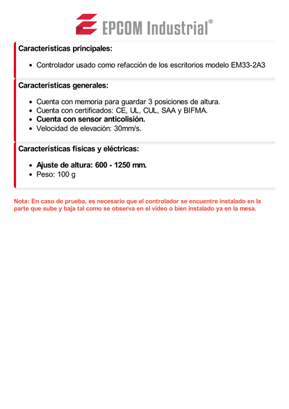 Controlador para Escritorio de Altura Ajustable / Refacción para el Escritorio EM33-2A3