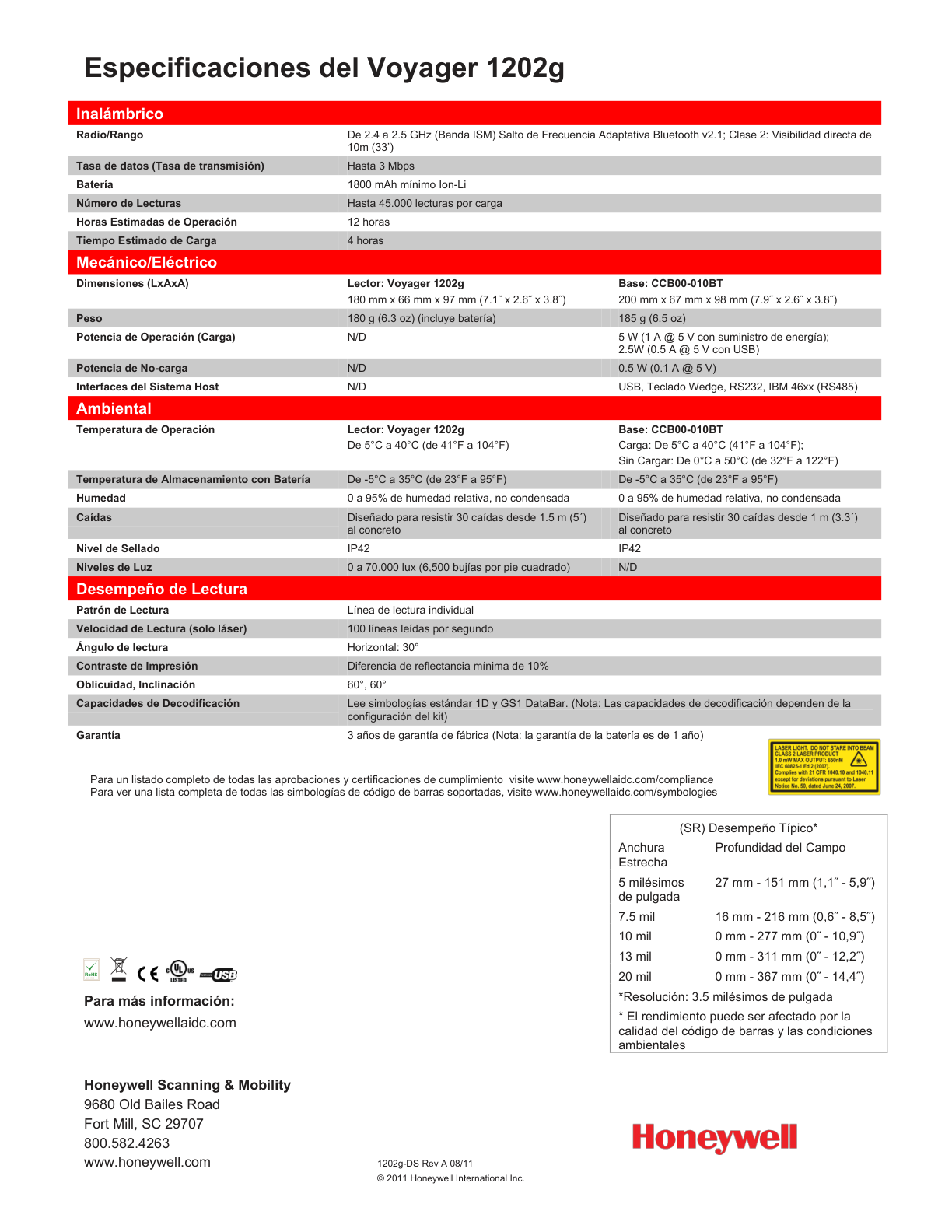 Lector de Codigo de Barras Honeywell Vogager Laser 1202G-2USB-5-N Inalambrico Bluetooth 1D con cable Usb y Base Negro