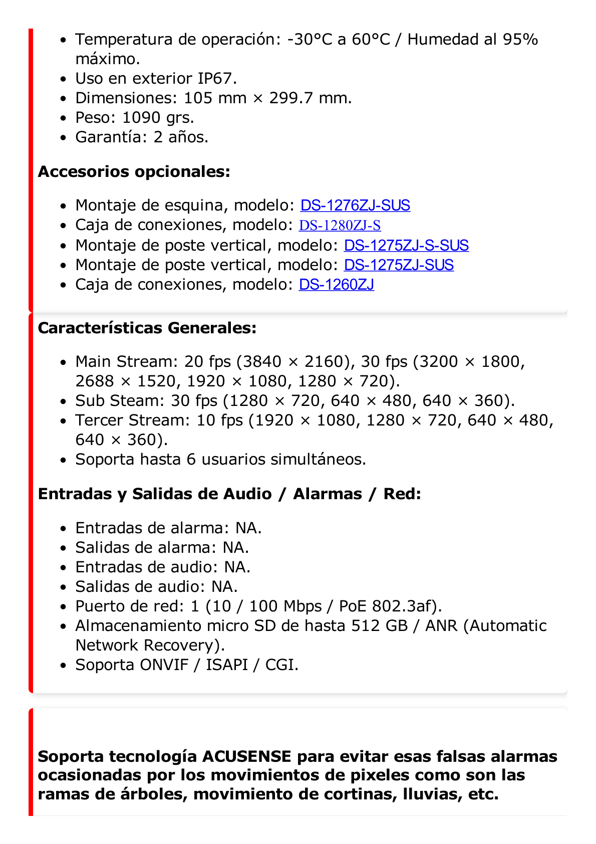 Bala IP 8 Megapixel (4K) / Lente 4 mm / 80 mts IR EXIR / Exterior IP67 / WDR 120 dB / PoE / ACUSENSE (Evita Falsas Alarmas) /  MicroSD /  ONVIF / ACUSEARCH