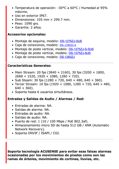 Bala IP 8 Megapixel (4K) / Lente 4 mm / 80 mts IR EXIR / Exterior IP67 / WDR 120 dB / PoE / ACUSENSE (Evita Falsas Alarmas) /  MicroSD /  ONVIF / ACUSEARCH