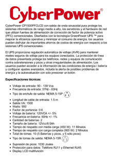 UPS de 1500 VA/900 W, Topología Línea Interactiva, Entrada 120 Vca NEMA 5-15P, Onda Senoidal Pura, Tipo Torre, Con 10 Tomas NEMA 5-15R