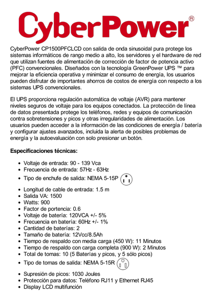 UPS de 1500 VA/900 W, Topología Línea Interactiva, Entrada 120 Vca NEMA 5-15P, Onda Senoidal Pura, Tipo Torre, Con 10 Tomas NEMA 5-15R