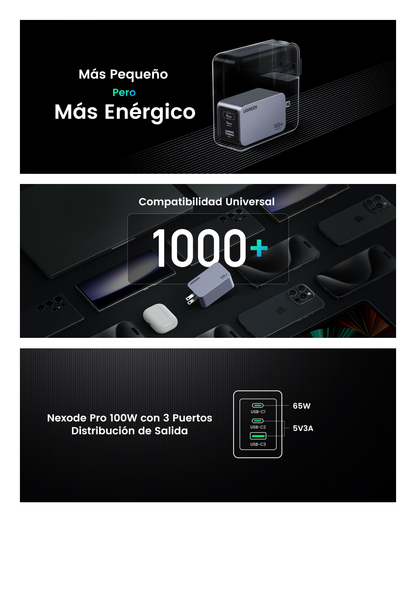 Cargador de 100W serie Nexode Pro | 3 Puertos de Carga Rápida | 2 USB-C | 1 USB-A | Tecnología GaNInfinity | PD3.1 de 100W / QC4.0 | Tecnología de Protección Térmica | Optimiza la Carga | Caja de Aluminio | Incluye Cable