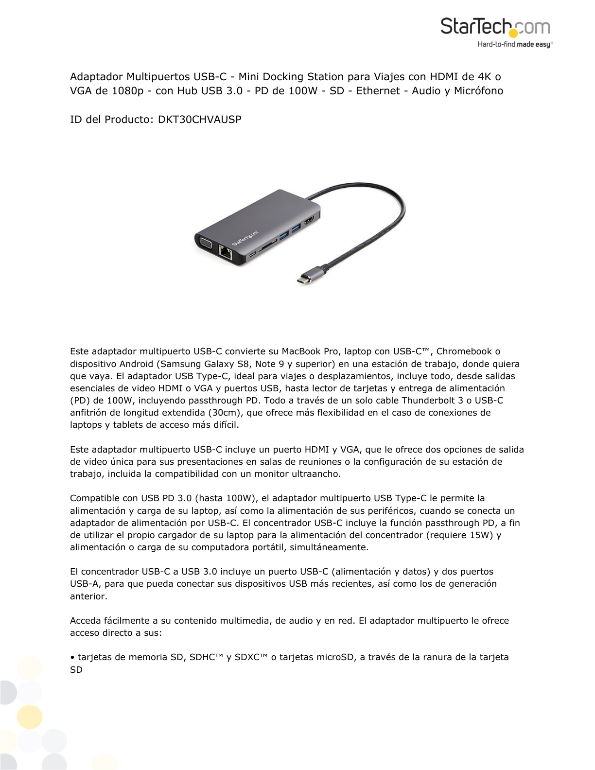 DOCKING STATION STARTECH ADAPTADOR USB-C MULTIPUERTOS - HDMI O VGA 100W PD CON CABLE DE 30CM 3 PUERTO USB 1 X USB 3.0  USB TIPO-C