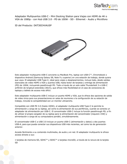 DOCKING STATION STARTECH ADAPTADOR USB-C MULTIPUERTOS - HDMI O VGA 100W PD CON CABLE DE 30CM 3 PUERTO USB 1 X USB 3.0  USB TIPO-C