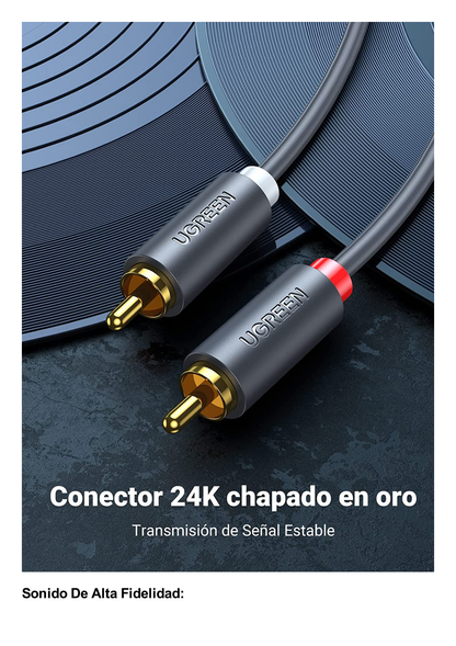 Cable de Audio 2 RCA Macho a 2 RCA Macho / 3 Metros / Color Negro / Alta Calidad /Anillos de goma para asegurar un agarre firme al instalar o quitar el cable