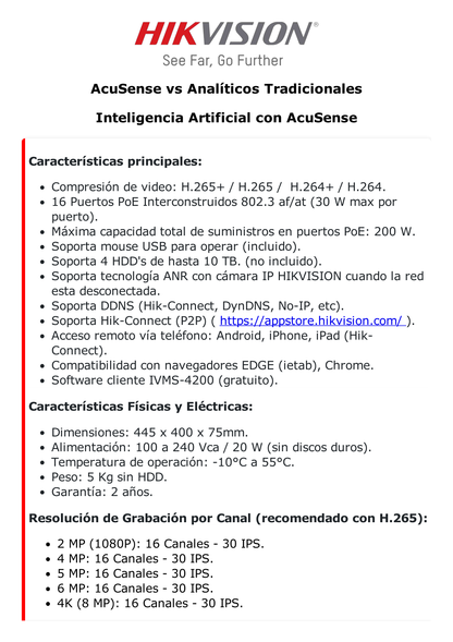 NVR 12 Megapixel (4K) / 16 canales IP / 16 Puertos PoE+ / AcuSense (Evita Falsas Alarmas) / Reconocimiento Facial / 4 Bahías de Disco Duro / Switch PoE 300 mts  / HDMI en 4K / Alarmas I/O