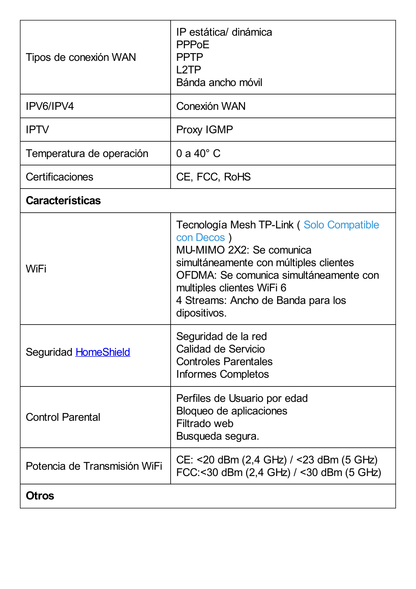 Router Inalámbrico MESH Interior para Hogar / Doble Banda Wi-Fi 6 AX3000 Mbps / 3 Puerto Gigabit WAN/LAN / 2 Antenas Internas / Administración Mediante la App Deco (iOS, Android) / Protección HomeShield