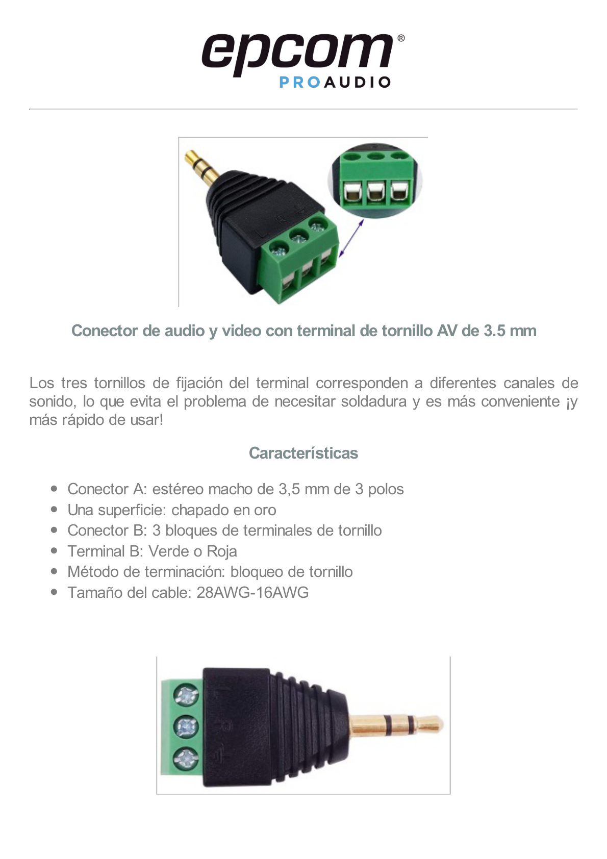 Conector de audio de 3.5mm macho a terminal de tornillo de 3 pines