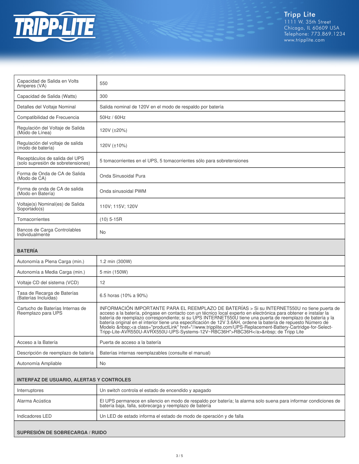 UPS Standby TrippLite INTERNET550U 550VA/300W monofásico 10 NEMA 5-15R (5 con protección batería) ultracompacto 1 puerto USB