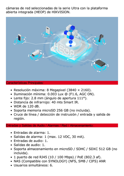 Turret IP 8 Megapixel (4K) / Lente 2.8 mm / 40 mts IR / Exterior IP67 / Micrófono Integrado / DARKFHGITER / Alarmas y Audio I/O / PoE / ONVIF / Micro SD / 4 Analíticos: AcuSense, Deteccion Facial, Conteo de Personas por Cruce y Zona