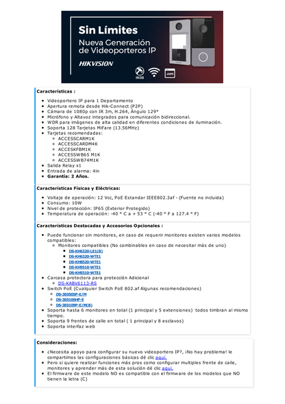 Videoportero IP 2 Megapixel / PoE Estandar / IP65  / Apertura desde Hik-connect / Soporta 1 Departamento y Hasta 6 Monitores / Soporta Tarjetas Mifare / 1 Salida Relay