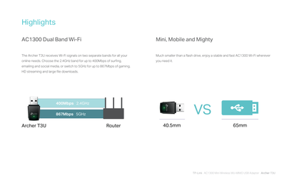 Adaptador inalámbrico USB 3.0 mini TP-Link Archer T3U AC1300 MU-MIMO 2.4GHz a 400 Mbps y 5GHz a 867 Mbps