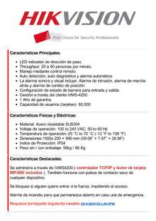 Torniquete DERECHO tipo Swing para Carril de 90 cms / Incluye Panel y Lector de Tarjeta / TCP/IP / Administrable por iVMS-4200 (Requiere Torniquete Izquierdo) / 6,000,000 MCBF / 12 Pares de IR