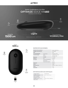 Mouse Acteck Optimize Edge MI460 Inalámbrico Negro Diseño Delgado 1600DPI 2 Botones + 1