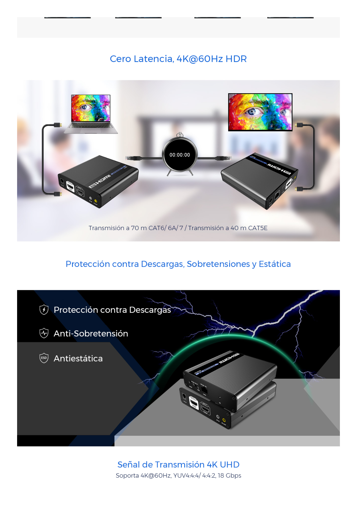 Receptor Compatible para Kits TT- 676 / 4K@60Hz con IR / Distancia de 70 Metros / Conexión en Cascada de hasta 10 Receptores con TT676.