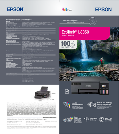 Impresora Epson EcoTank Fotográfica L8050 Tinta Continua 22ppm Negro y Color A4/Carta USB/Wi-Fi/Wi-Fi Direct