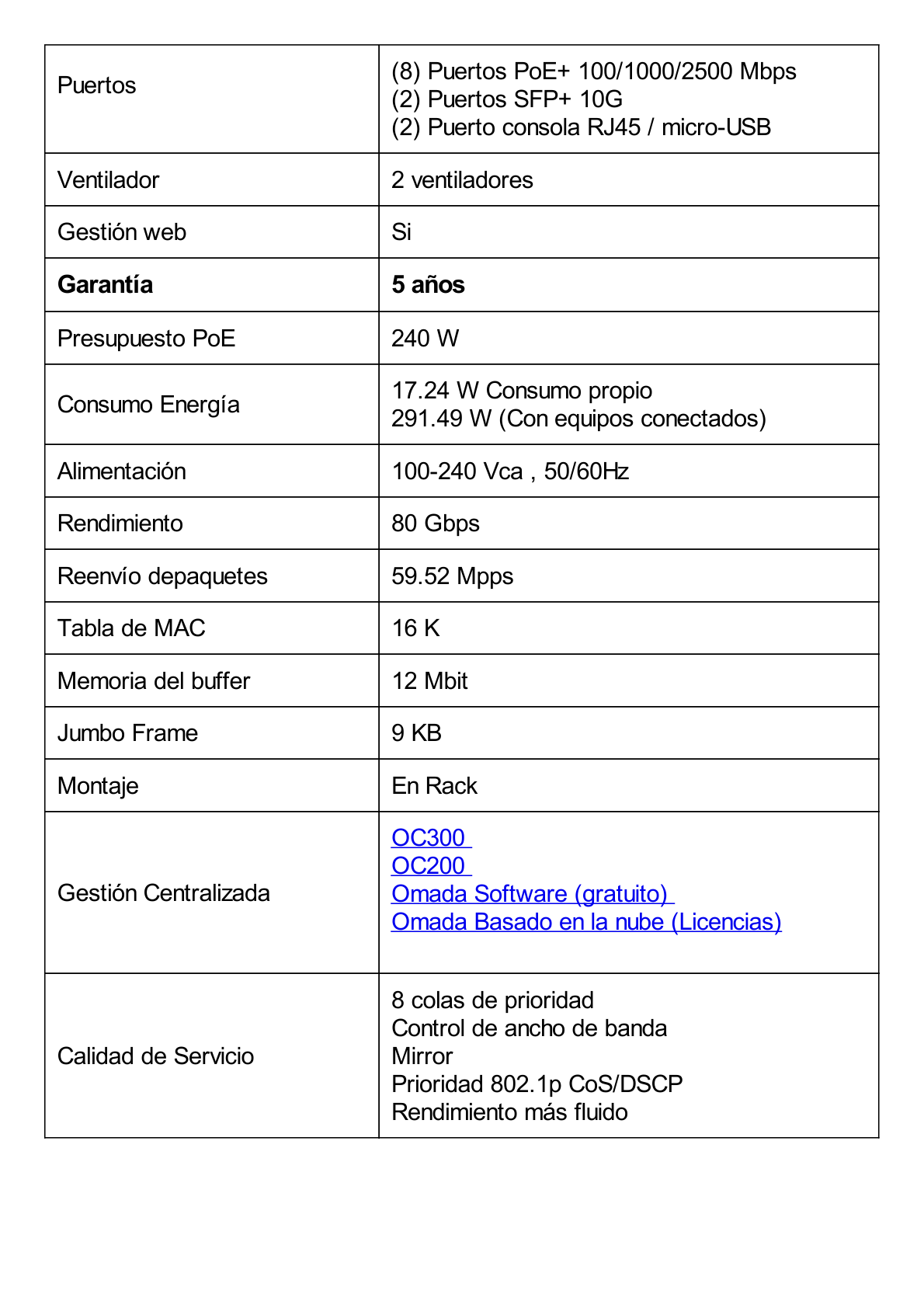 Switch L2+ Omada PoE+ / 8 Puertos PoE+ MultiGigabit 2.5G / 2 Puertos SFP+ 10G / 2 Puertos Consola (RJ45 y microUSB) / Administración Centralizada Omada o Stand-Alone / Multicast IGMP / Presupuesto PoE 240W / Montaje en Rack / (SG3210XHPM2)