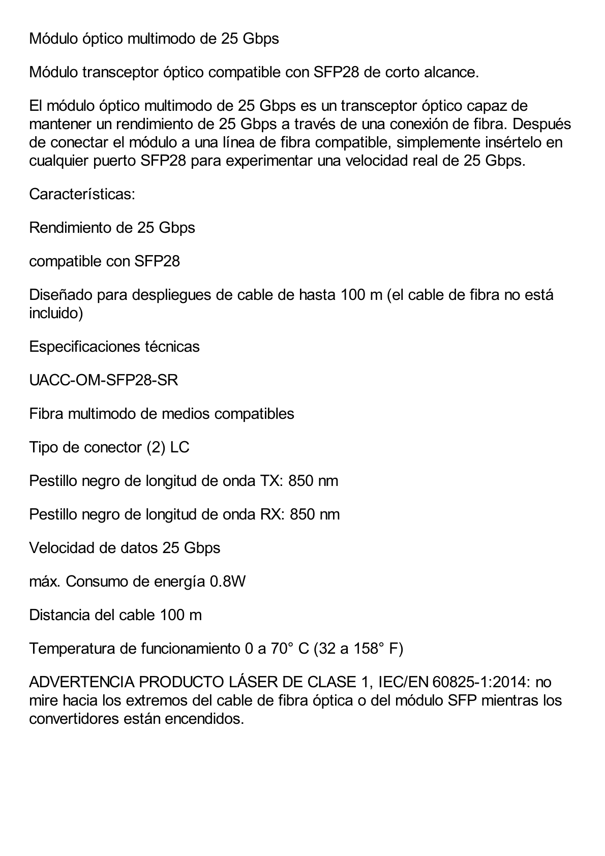 Transceptor de fibra óptica multimodo SFP28 hasta 25 Gbps con 2 conectores LC, hasta 100 mts