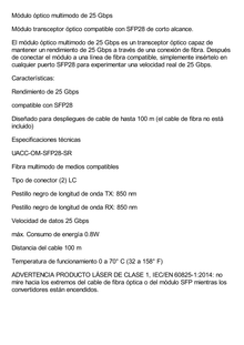 Transceptor de fibra óptica multimodo SFP28 hasta 25 Gbps con 2 conectores LC, hasta 100 mts