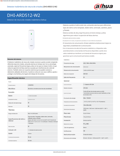 Detector Dahua DHI-ARD512-W2 rotura de cristal inalambrico deteccion de frecuencias altas y bajas simultaneas indicador LED