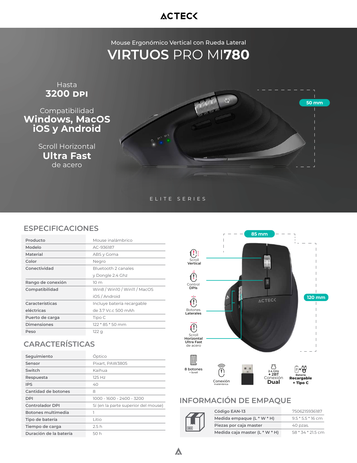 Mouse Acteck Ergonomico Profesional Virtuos Pro MI780 Blanco Inalambrico/Bluetooth 3200DPI Scroll rapido Vert y Horz Recargable 50h