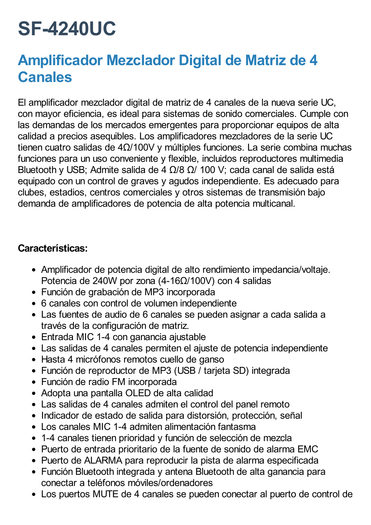 Amplificador Mezclador Matricial | 4 zonas | 240w por canal | 6 entradas | Receptor de medios