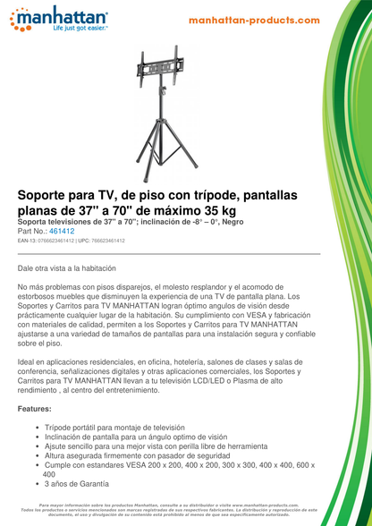 SOPORTE MANHATTAN PARA TV 37 A 70 PULG TRIPODE 35KG