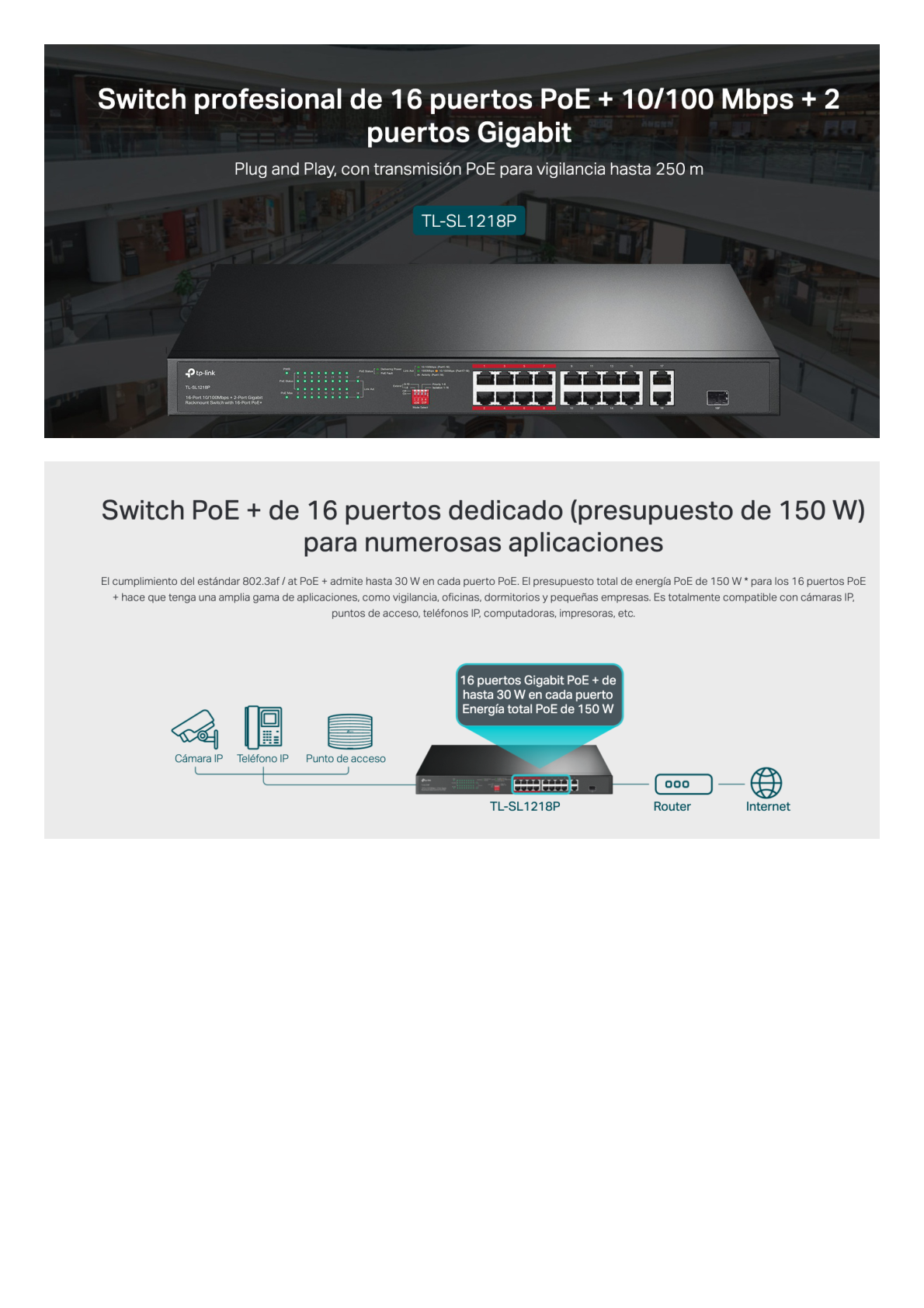 Switch PoE+ no Administrable 16 puertos 10/100 Mbps + 2 puertos 10/100/1000 Mbps + 1 puerto SFP, 8 puertos Extensor PoE (hasta 250 m), 150W, diseño para Vigilancia IP