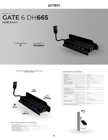 HUB Acteck Gate 6 DH665 6 en 1 Docking Station 4K Hdmi/3xUSB A/RJ45/USB C PD Charging 100W Elite Series