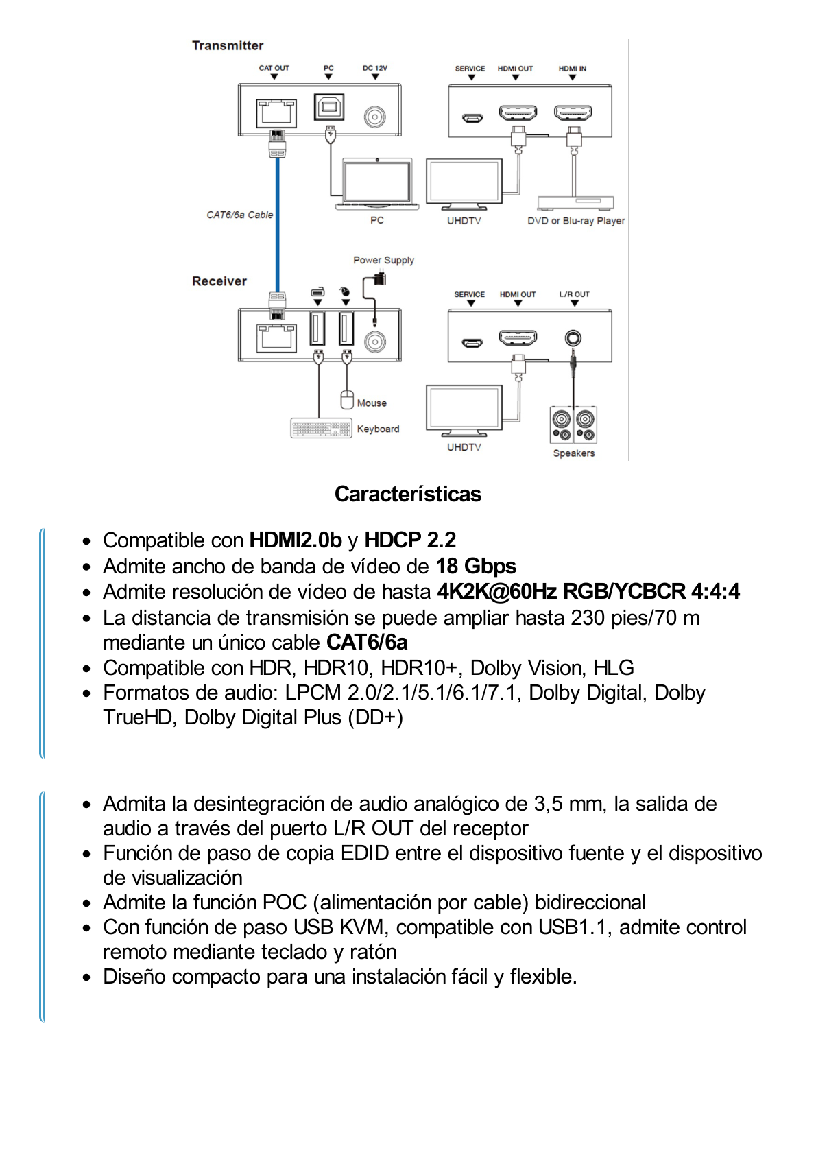 Kit Extensor HDMI con KVM | 70m | 4K2K@60Hz | 4:4:4 |  HDMI2.0b y HDCP 2.2 | Salida de Audio 3.5mm | Admite PoC | Admite USB 1.1