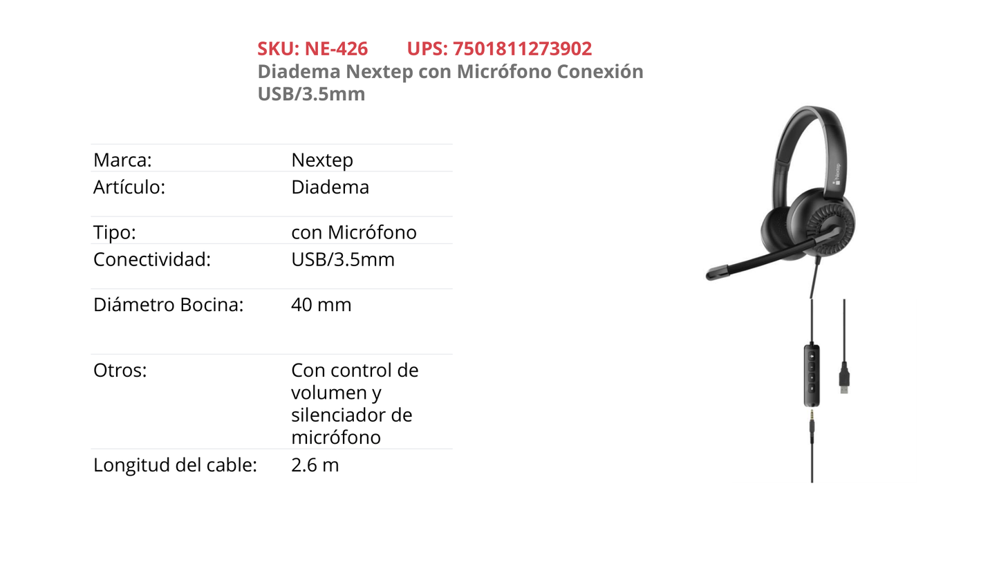 AUDIFONOS DIADEMA NEXTEP ALAMBRICO CON MICROFONO USB/3.5MM NEGRO NE-426