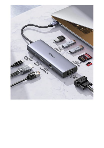 HUB USB-C (Docking Station) 9 en 1 | 3 USB-A 3.0 | USB-C PD Carga 100W | HDMI 4K@30Hz | RJ45 (Gigabit Ethernet) | VGA | Lector Tarjetas SD + Micro SD (TF) Uso Simultáneo | Chip de Última Generación | Caja de Aluminio.