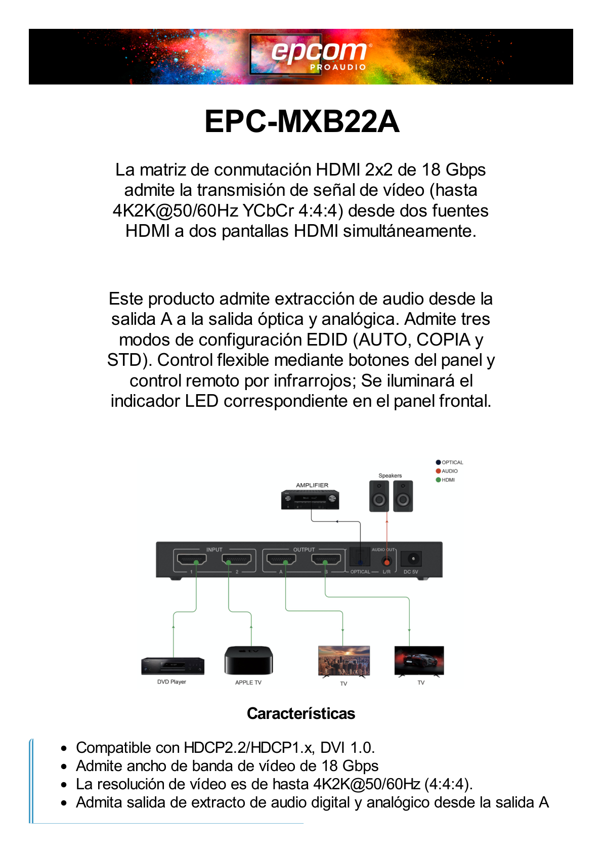 Matricial HDMI | 2x2 | 4K2K@60Hz | HDR | YCbCr 4:4:4 | EDID Auto | Extractor de Audio | Salida de audio análoga y digitalizados | HDCP 2.2 | 18 Gbps