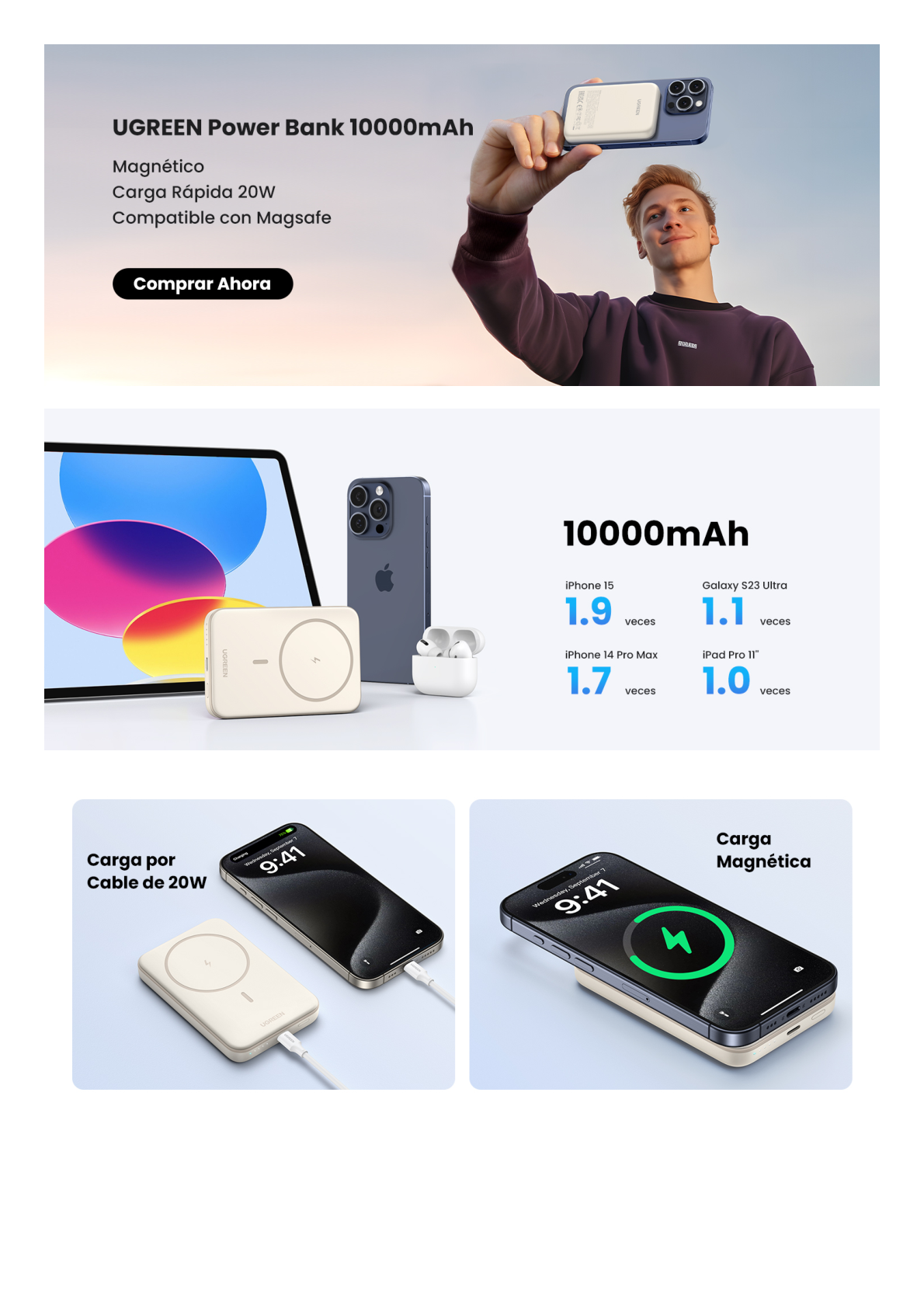 Power Bank MagSafe de 10000mAh | 20W | Carga Inalámbrica y por Cable USB-C | Sistema de Protección Inteligente | Tecnología de Carga Rápida | Ultra Delgado | Ultra ligero | Compatible con iPhone 15/14/13/12 | Color Beige.