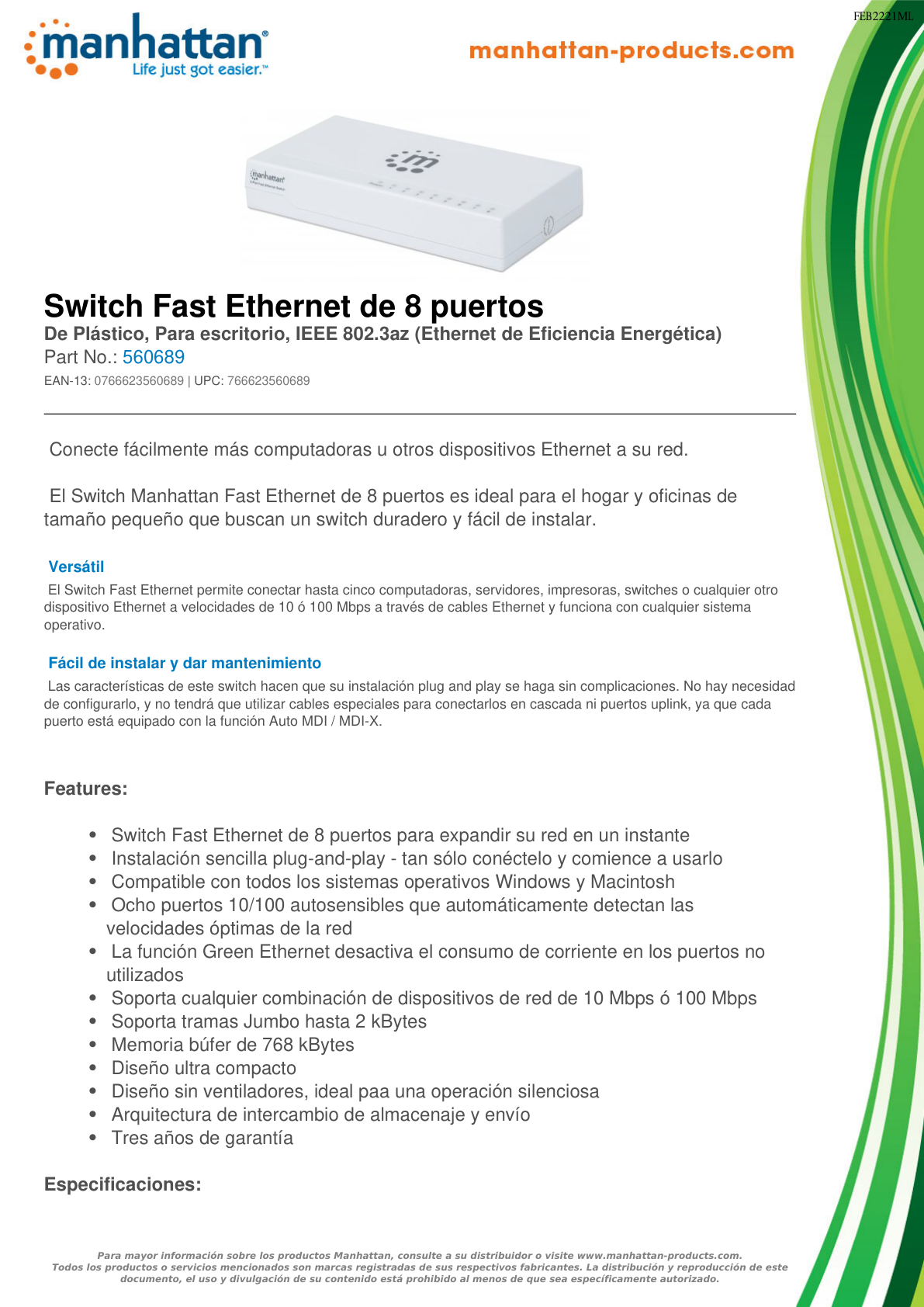 Switch Manhattan 8 Puertos Fast Ethernet p/Escritorio IEEE 802.3az 10/100