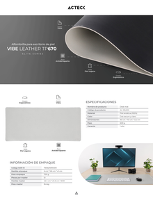 Mousepad Acteck Vibe Leather TP670 Gris Doble Cara Acabado Piel Sintética 100% Vegana 90x40cm